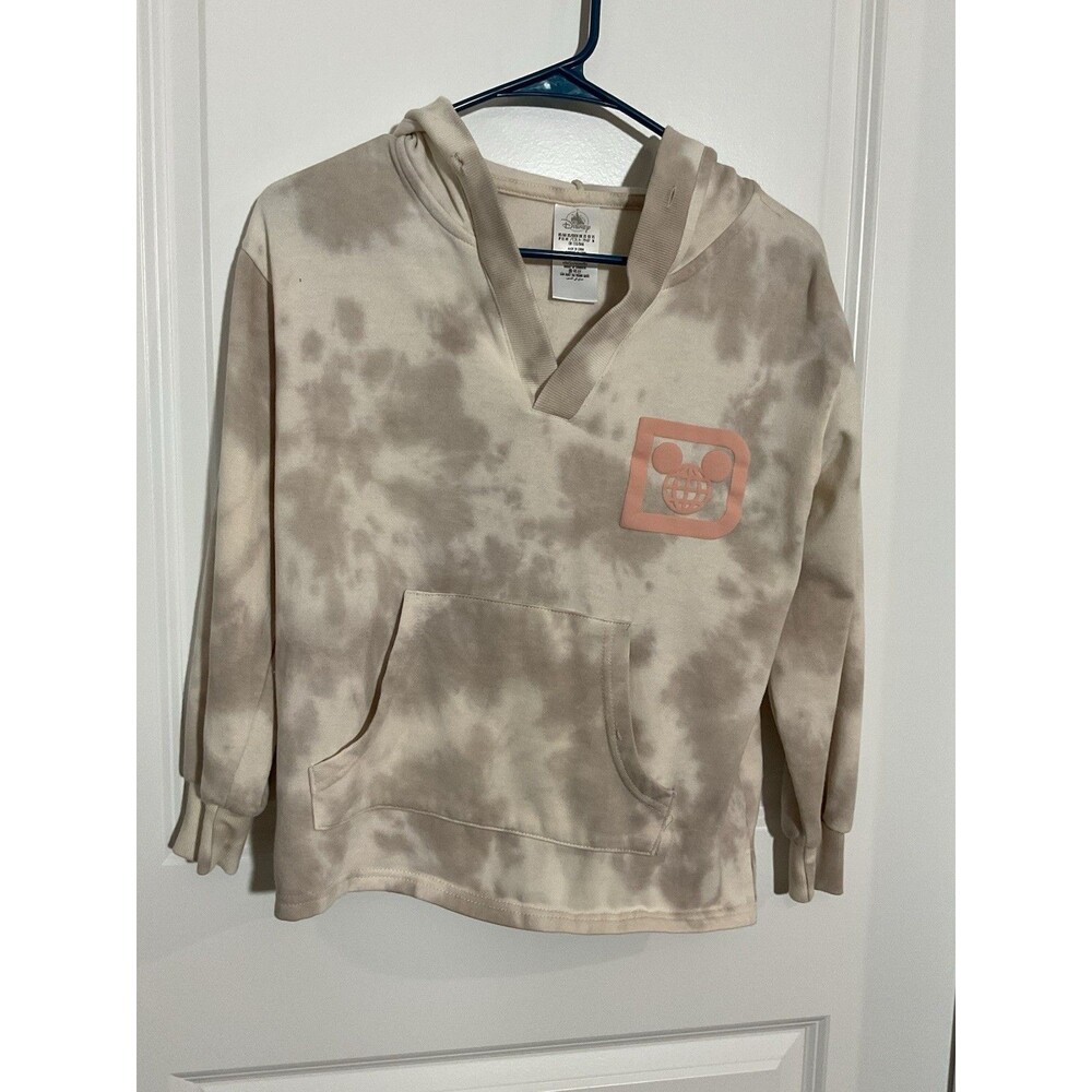 Disney Parks Women XS Tie Dye V-Neck Hoodie Mickey Mouse Globe Logo Tan Cream